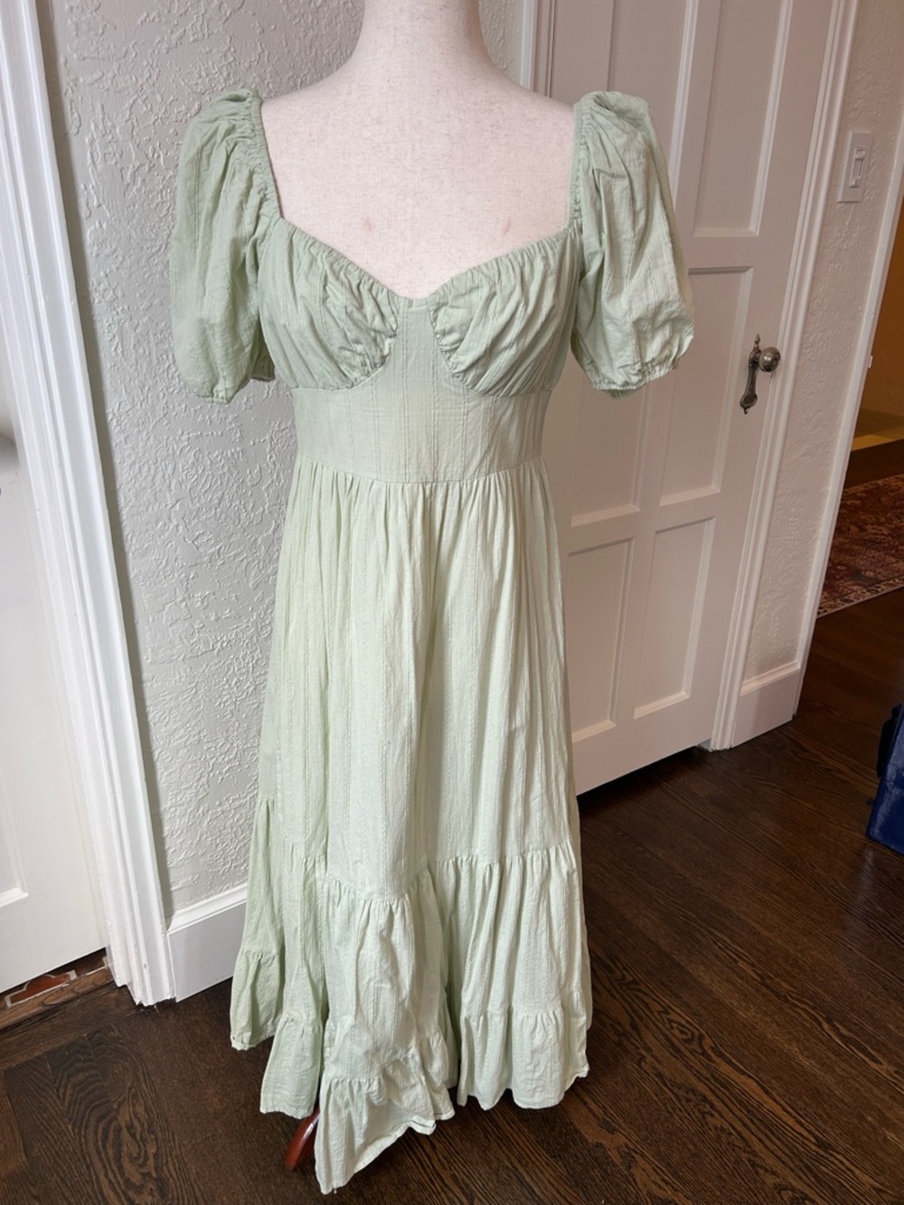 Puff Sleeve Sage Green Midi Dress with Sweetheart Neckline